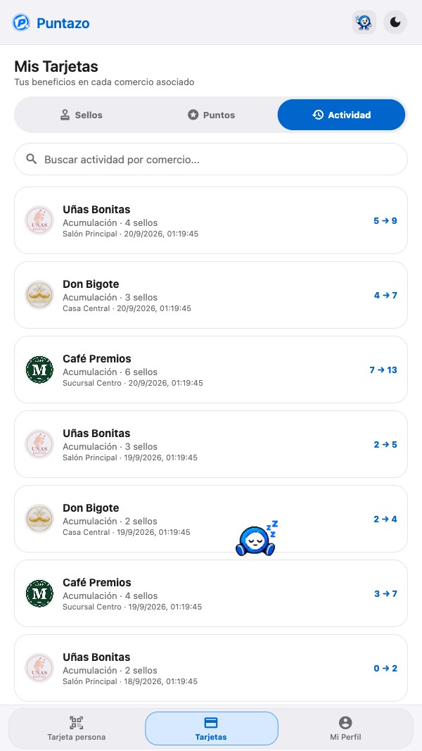 Pantalla real de Puntazo con el historial de acumulaciones y canjes.