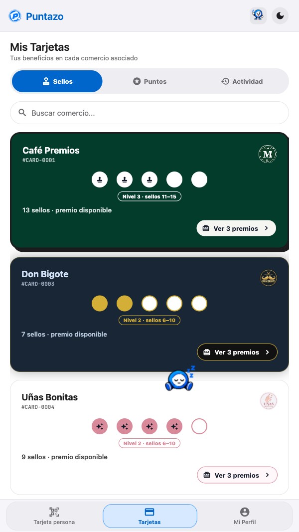 Pantalla real de Puntazo con las tarjetas de fidelidad del cliente.